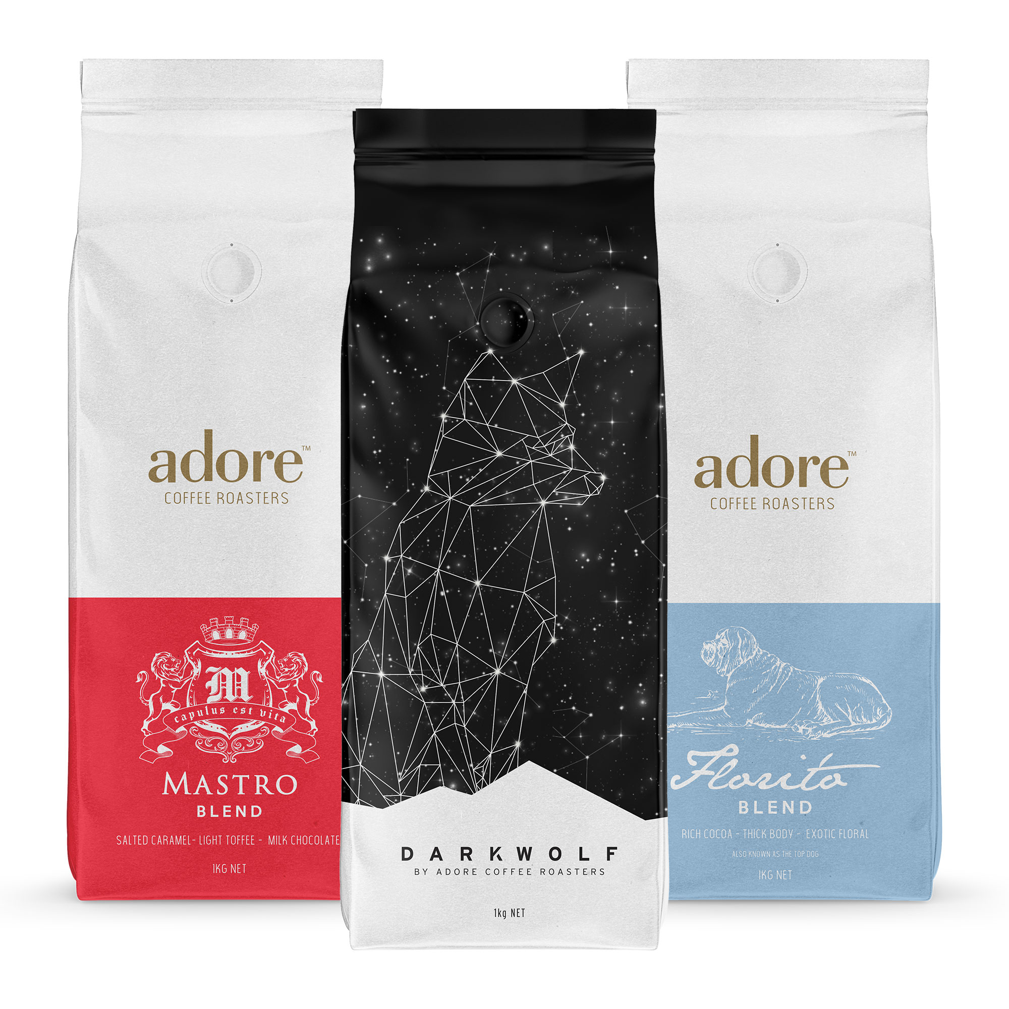0823-Adore-favourites Adore Favourites Pack. Our best sellers, Darkwolf, Florito, and Mastro coffee blends.